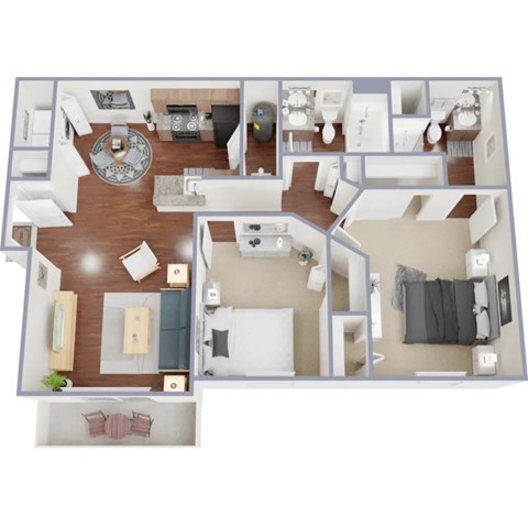 A 3D floor plan of a house showing a living room, kitchen, and bedrooms.